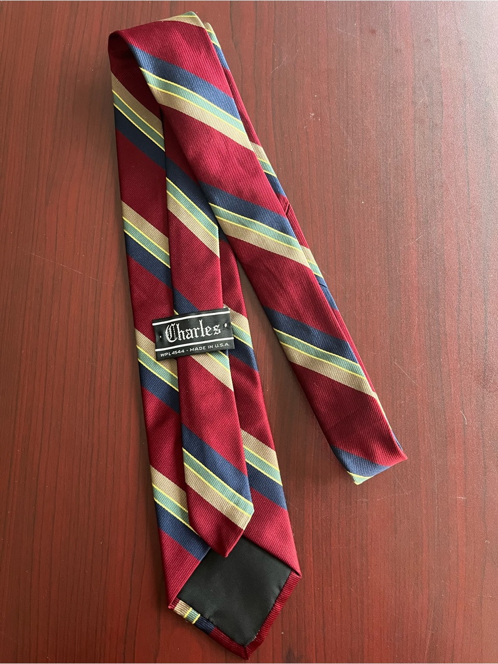Charlies Burgundy Tie with Navy and Gold Diagonal Stripes